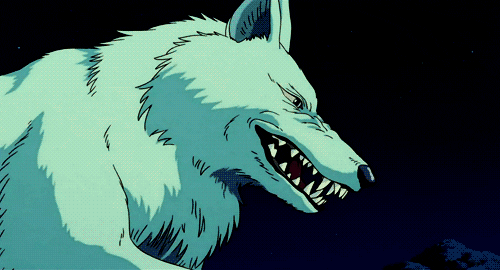 a gif of Moro the wolf g-d from Princess Mononoke laughing. click to proceed to next page