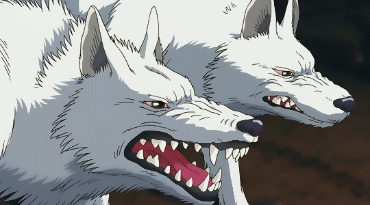 a gif of two wolves from Princess Mononoke snarling. click to proceed to next page
